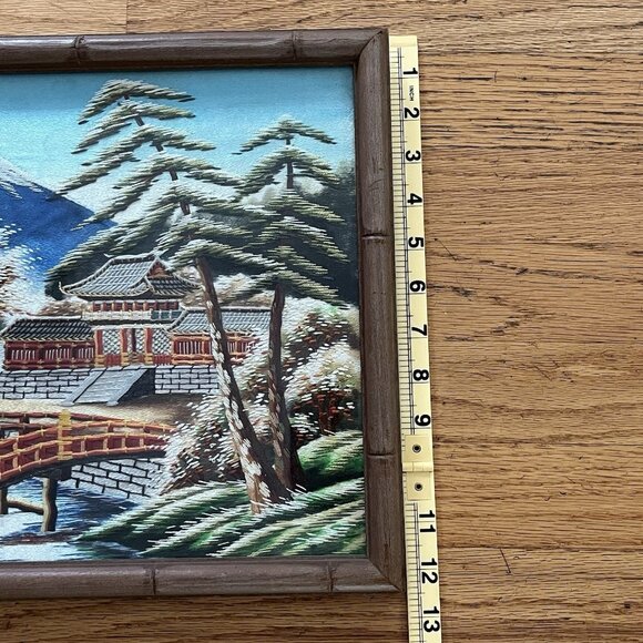 Vintage Japanese Mt Fuji Silk Embroidered Framed Landscape Bridge Boat 19"x12.5" - Picture 3 of 8